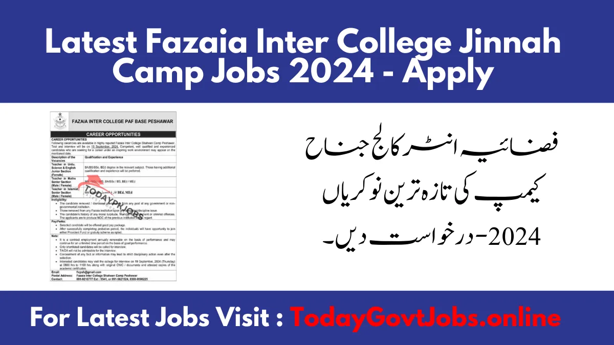 Latest Fazaia Inter College Jinnah Camp Jobs 2024 - Apply